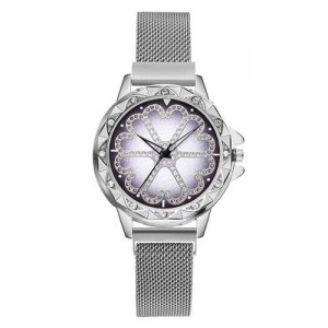 Rhinestone Embellished Floral Pattern Concise Index Women Fashion Wrist Watch - Silver