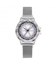 Rhinestone Embellished Floral Pattern Concise Index Women Fashion Wrist Watch - Silver