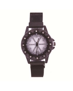 Rhinestone Embellished Floral Pattern Concise Index Women Fashion Wrist Watch - Black