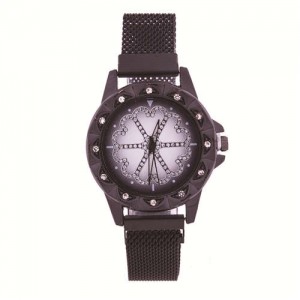 Rhinestone Embellished Floral Pattern Concise Index Women Fashion Wrist Watch - Black