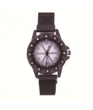 Rhinestone Embellished Floral Pattern Concise Index Women Fashion Wrist Watch - Black