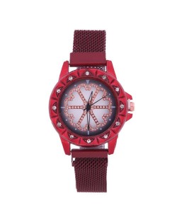 Rhinestone Embellished Floral Pattern Concise Index Women Fashion Wrist Watch - Red