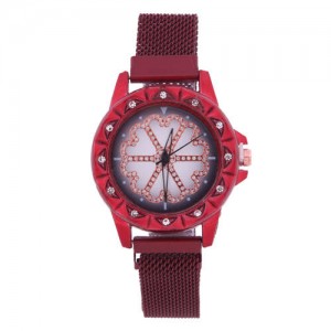 Rhinestone Embellished Floral Pattern Concise Index Women Fashion Wrist Watch - Red