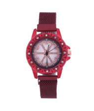 Rhinestone Embellished Floral Pattern Concise Index Women Fashion Wrist Watch - Red