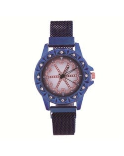 Rhinestone Embellished Floral Pattern Concise Index Women Fashion Wrist Watch - Blue