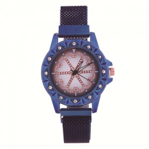 Rhinestone Embellished Floral Pattern Concise Index Women Fashion Wrist Watch - Blue