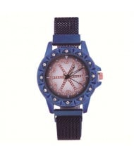 Rhinestone Embellished Floral Pattern Concise Index Women Fashion Wrist Watch - Blue