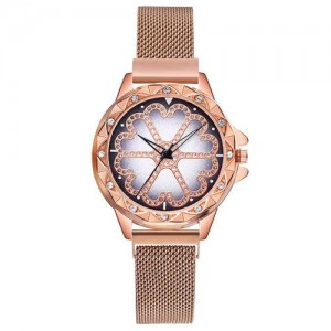 Rhinestone Embellished Floral Pattern Concise Index Women Fashion Wrist Watch - Golden