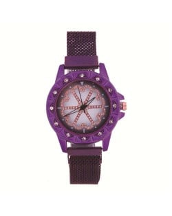 Rhinestone Embellished Floral Pattern Concise Index Women Fashion Wrist Watch - Purple