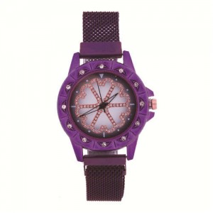 Rhinestone Embellished Floral Pattern Concise Index Women Fashion Wrist Watch - Purple