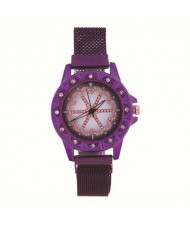 Rhinestone Embellished Floral Pattern Concise Index Women Fashion Wrist Watch - Purple