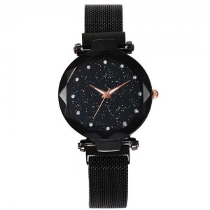 Shining Starry Index Design Women High Fashion Wrist Watch - Black