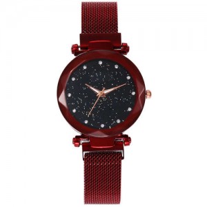Shining Starry Index Design Women High Fashion Wrist Watch - Red