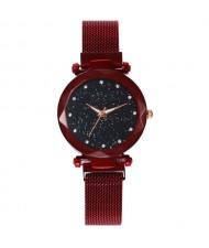 Shining Starry Index Design Women High Fashion Wrist Watch - Red