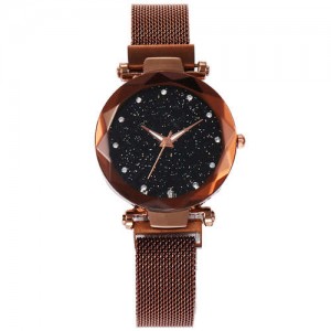 Shining Starry Index Design Women High Fashion Wrist Watch - Golden Coffee