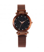 Shining Starry Index Design Women High Fashion Wrist Watch - Golden Coffee