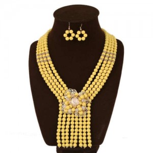 Yellow Beads Scarf Shape Design Women Bib Necklace and Earrings Set