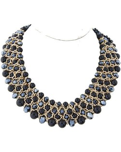 Artificial Pearl and Crystal Beads Four Rows Weaving Pattern Design Women Costume Necklace - Black