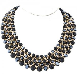 Artificial Pearl and Crystal Beads Four Rows Weaving Pattern Design Women Costume Necklace - Black