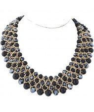 Artificial Pearl and Crystal Beads Four Rows Weaving Pattern Design Women Costume Necklace - Black