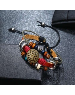 Lotus Hollow Flower Pendant Leather Fashion Women Bracelet - Red