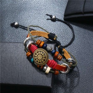 Lotus Hollow Flower Pendant Leather Fashion Women Bracelet - Red