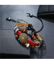 Lotus Hollow Flower Pendant Leather Fashion Women Bracelet - Red