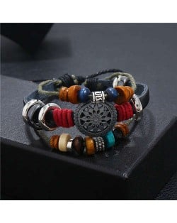 Lotus Hollow Flower Pendant Leather Fashion Women Bracelet - Black