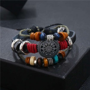 Lotus Hollow Flower Pendant Leather Fashion Women Bracelet - Black