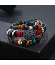 Lotus Hollow Flower Pendant Leather Fashion Women Bracelet - Black