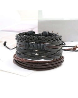 Multi-layer Weaving Style Black Leather Bracelets Combo Set