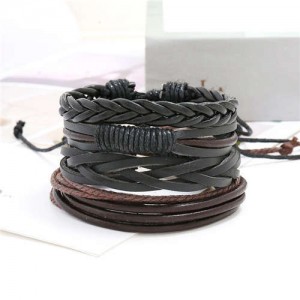 Multi-layer Weaving Style Black Leather Bracelets Combo Set