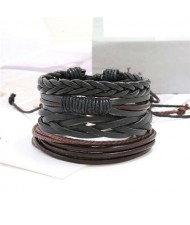 Multi-layer Weaving Style Black Leather Bracelets Combo Set