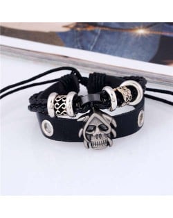 Skull Decorated Punk Fashion Dual Layers Leather Bracelet - Black