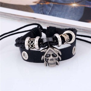 Skull Decorated Punk Fashion Dual Layers Leather Bracelet - Black