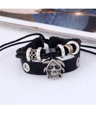 Skull Decorated Punk Fashion Dual Layers Leather Bracelet - Black