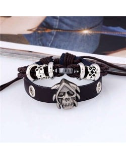 Skull Decorated Punk Fashion Dual Layers Leather Bracelet - Brown