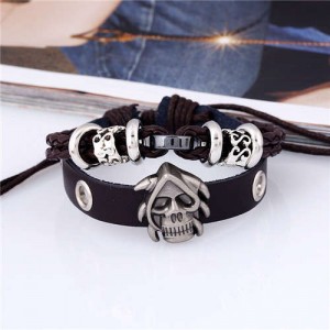 Skull Decorated Punk Fashion Dual Layers Leather Bracelet - Brown