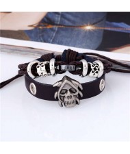 Skull Decorated Punk Fashion Dual Layers Leather Bracelet - Brown