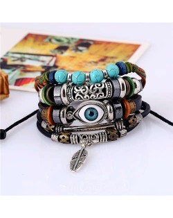 Alloy Feather Pendant Folk Style Multi-layer Leather Bracelet