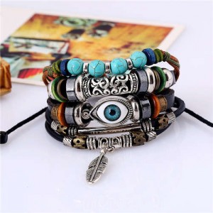Alloy Feather Pendant Folk Style Multi-layer Leather Bracelet