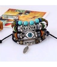 Alloy Feather Pendant Folk Style Multi-layer Leather Bracelet