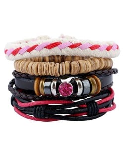 Gem Embellished Multi-layer Rope Weaving and Leather Fashion Bracelet