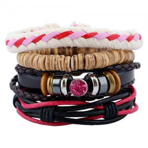 Gem Embellished Multi-layer Rope Weaving and Leather Fashion Bracelet
