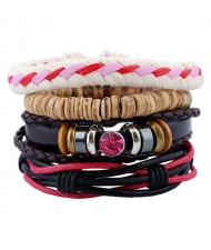 Gem Embellished Multi-layer Rope Weaving and Leather Fashion Bracelet