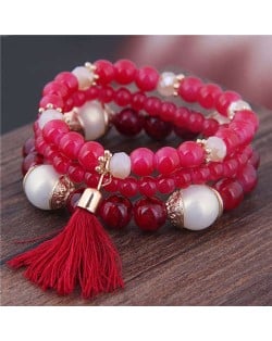 Triple Layers Acrylic Beads Women Fashion Bracelet - Red
