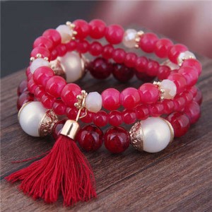 Triple Layers Acrylic Beads Women Fashion Bracelet - Red