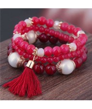 Triple Layers Acrylic Beads Women Fashion Bracelet - Red