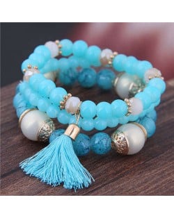 Triple Layers Acrylic Beads Women Fashion Bracelet - Blue