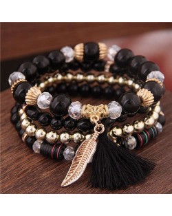 Alloy Feather Pendant Multi-layer High Fashion Women Beads Bracelet - Black